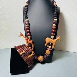 Vintage African Carved Animal Wooden Necklace & Coordinating Bracelet